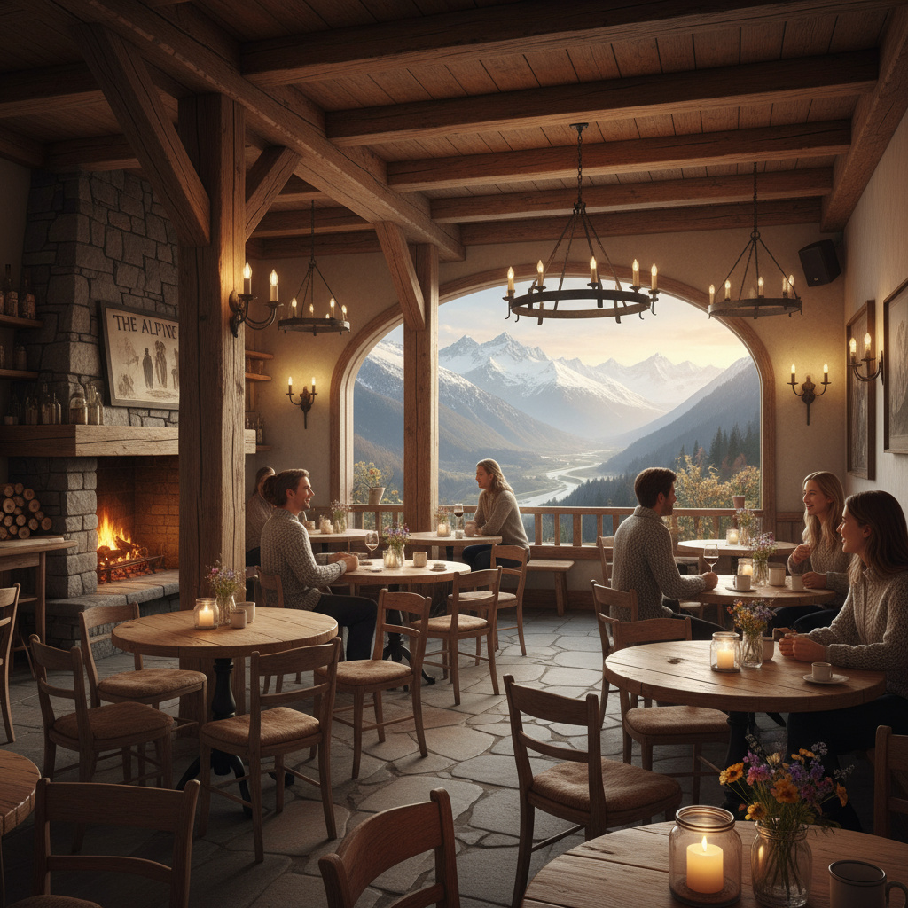 Warm alpine bistro interior with wooden beams and mountain view