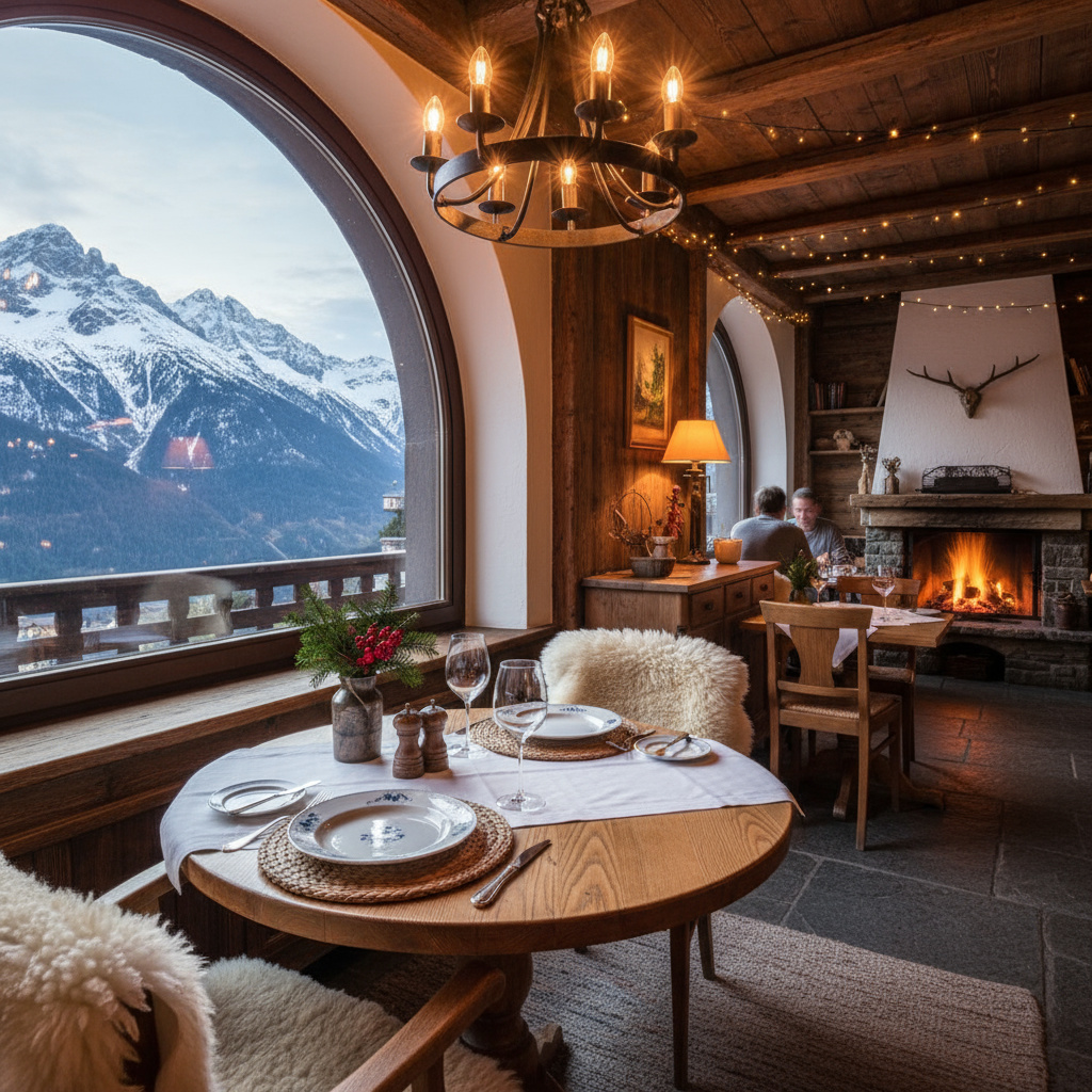 Cozy alpine bistro with mountain view from the window