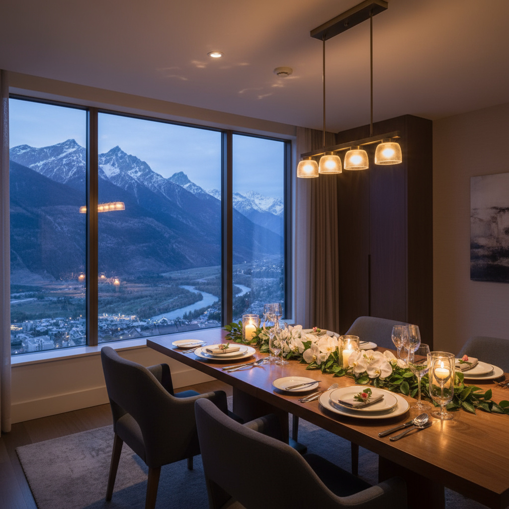 Private table by panoramic window with mountain scenery