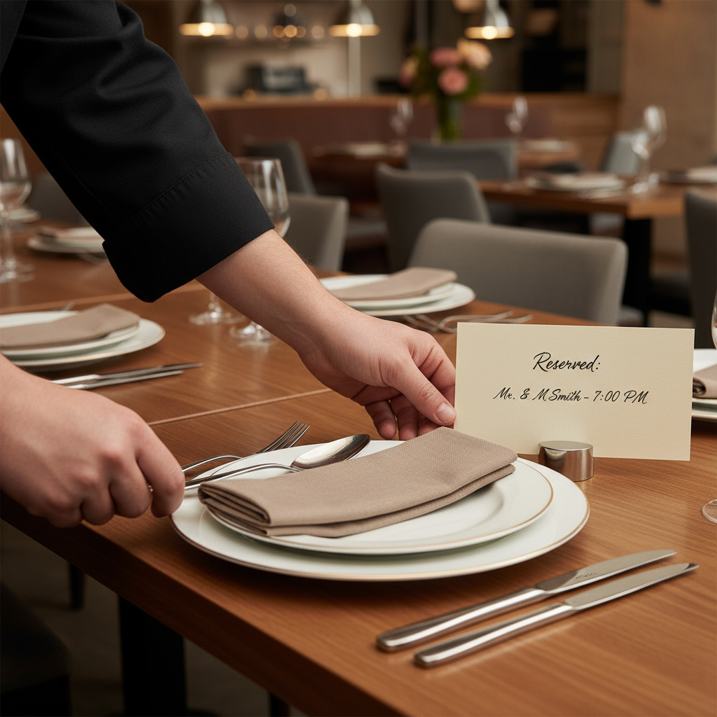 Hands arranging reservation card on a table
